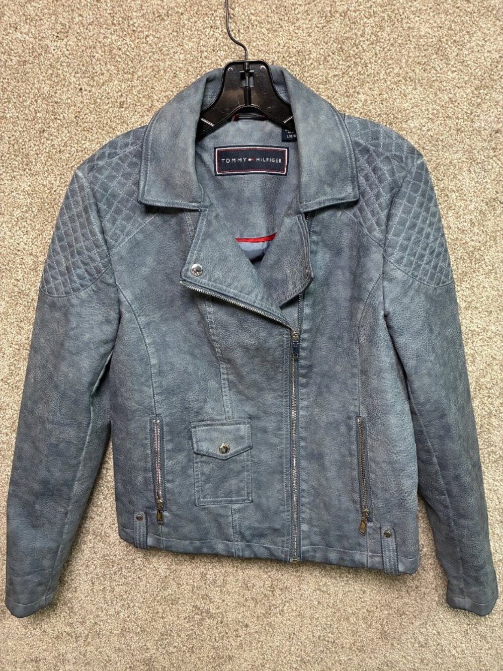 Tommy Hilfiger Womens L Blue Faux Leather Moto Jacket Quilted Biker Zip